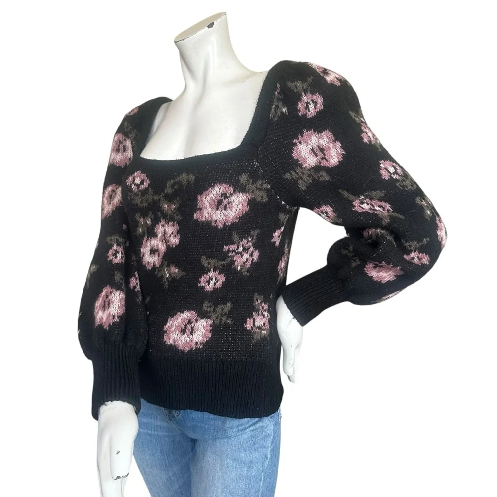 Anthropologie Black & Pink Floral Print Square Neck Fuzzy Puff Sleeve Sweater